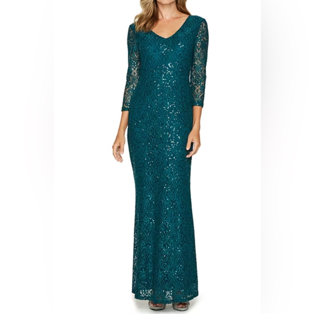 Women’s Formal Dress Blu Sage Green Long Sleeve Lace Sequin Gown Size 8 NWT - Picture 4 of 8